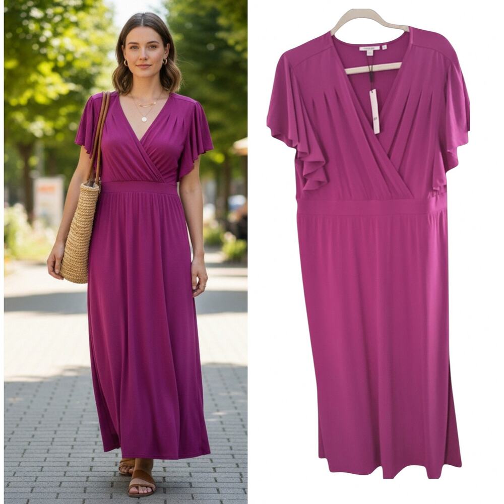 Chico's Flutter Sleeve Maxi Dress Wmn's Sz L Purple Stretch Knit V neckline NWT